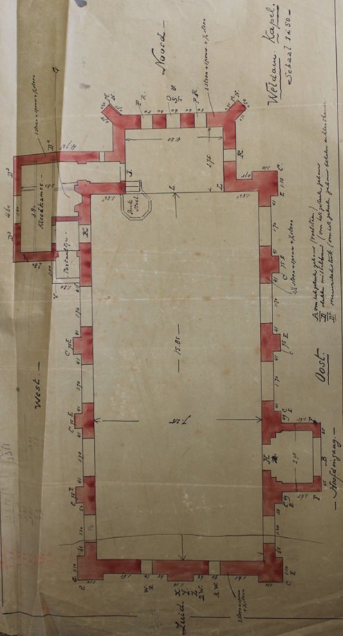 Original chapel plan view drawing with Dutch language handwritten construction details 